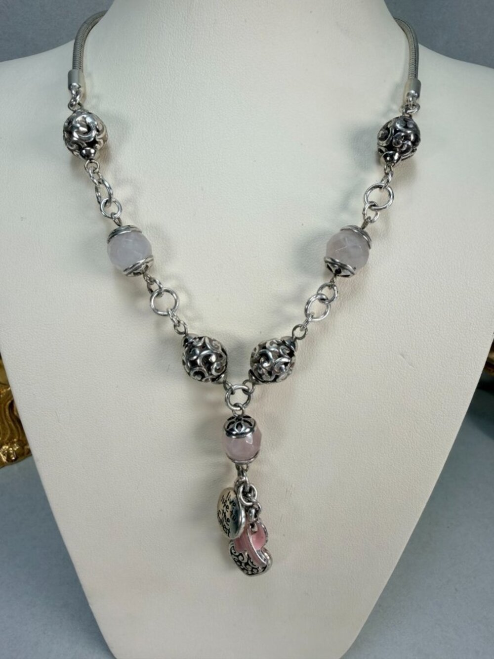 Brighton Silver Tone Pink Ribbon Charm Rose Quartz Necklace